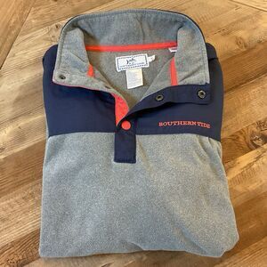 Southern Tide Men’s Medium‎ Fleece Pullover Gray Navy Snap Quarter Button